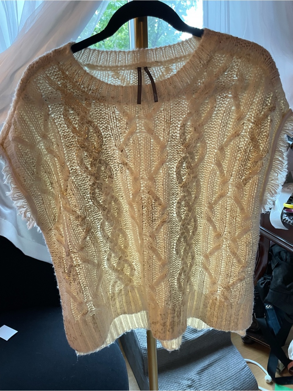 Anthropologie Cream & Metallic Gold Cable Knit Fringe-Trim Sweater Top